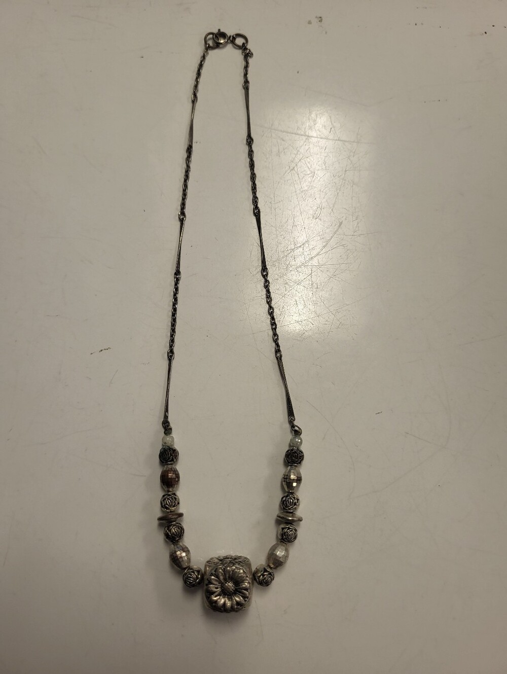 Vintage Sterling Silver Floral Pendant Beaded Necklace - Silver
